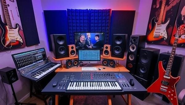 A home studio setup with professional music production equipment, MIDI controllers, studio monitors, and a creative workspace adorned with musical instruments and soundproofing panels, reflecting the dynamic and innovative learning environment at MelodyMentors virtual music production school.