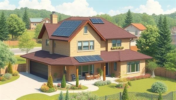 An artistic rendering of a sustainable home with solar panels, green landscaping, and energy-efficient features, set against a backdrop of a lush eco-friendly neighborhood, conveying a harmonious blend of nature and modern living.