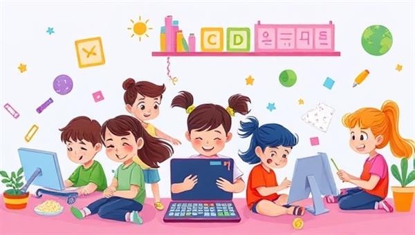An imaginative and colorful digital illustration of children participating in various online workshops, each engaged in a different activity like coding, painting, and cooking, creating a vibrant and dynamic learning environment.