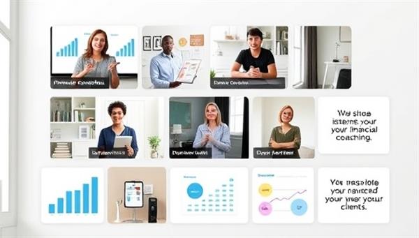 An engaging virtual platform interface showcasing diverse financial coaching sessions in progress, with interactive tools, charts, and motivational quotes to inspire clients towards financial empowerment.