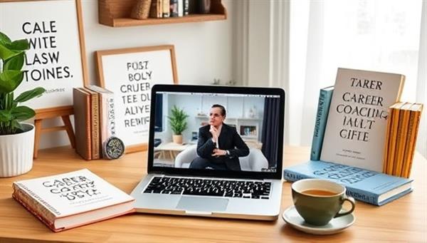 A modern home office setup with a laptop displaying a career coaching session, surrounded by motivational quotes, career books, and a cup of tea, creating a focused and supportive environment for professional growth.