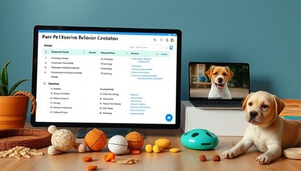 A virtual pet behavior consultation setup featuring a digital interface displaying training plans, behavior modification strategies, and pet training videos, surrounded by pet toys and treats, creating a pet-friendly and interactive consultancy environment.