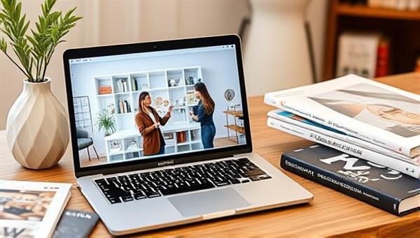 A laptop displaying a virtual interior design consultation session with a designer presenting a mood board on the screen while discussing ideas with a client, surrounded by stylish decor samples and design books, creating a modern and creative atmosphere.
