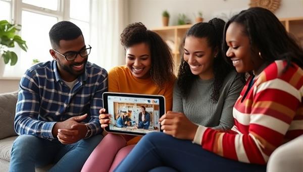 A diverse group of individuals watching a DIY home renovation tutorial video on a tablet in a cozy living room setting.