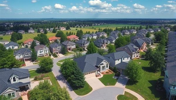 Aerial drone photography of a beautiful suburban neighborhood with lush greenery, modern houses, and a scenic view, showcasing the captivating and immersive perspective provided by SkyView Estates