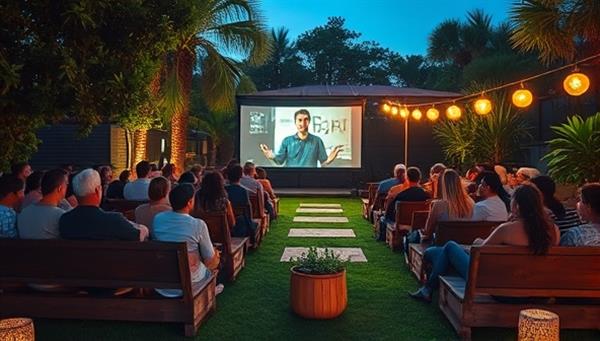 An outdoor movie screening setup featuring a solar-powered projector, eco-friendly seating arrangements made from recycled materials, and a diverse group of attendees enjoying a film under the stars, surrounded by lush greenery and sustainable decor, highlighting the eco-friendly ambiance of GreenScreen Cinema.