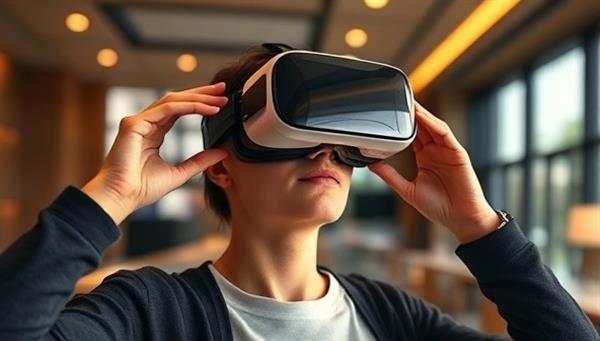 An individual wearing a VR headset, exploring a beautifully designed virtual property tour with interactive features, showcasing the futuristic and engaging experience offered by VR Estate Tours in a captivating and modern setting.