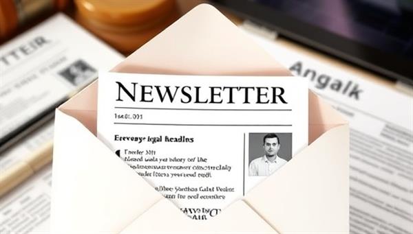 An email inbox displaying a legal newsletter with engaging legal headlines and content snippets, surrounded by legal documents and a laptop, symbolizing the convenience and relevance of legal newsletter subscriptions for legal enthusiasts and professionals.