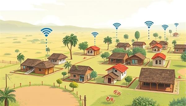 An illustration showing a rural village with Wi-Fi signals extending from central hubs to surrounding homes and public spaces, symbolizing connectivity and community empowerment through technology.