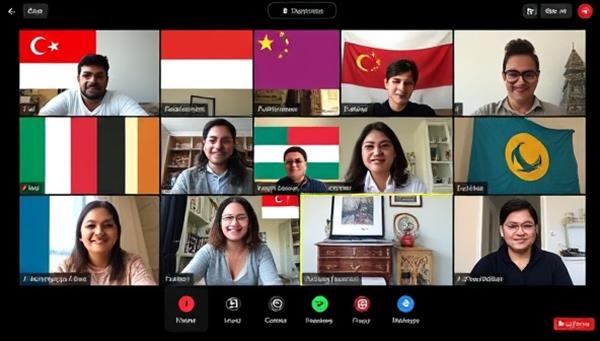 A diverse group of individuals engaging in a virtual language exchange session, with language flags, cultural symbols, and interactive language learning tools displayed on screen, showcasing a vibrant and inclusive language learning community.