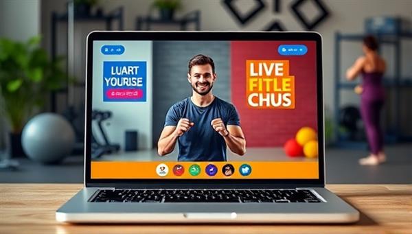 A vibrant virtual fitness session displayed on a laptop screen, showing a coach guiding a user through a workout, with motivational quotes and exercise equipment in the background, conveying energy and progress.