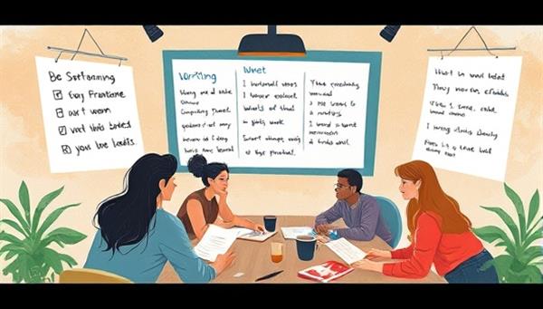 An artistic depiction of a virtual creative writing workshop session with participants engaged in brainstorming ideas, sharing feedback on writing pieces, and interacting with the workshop facilitator, creating a vibrant and collaborative writing environment.