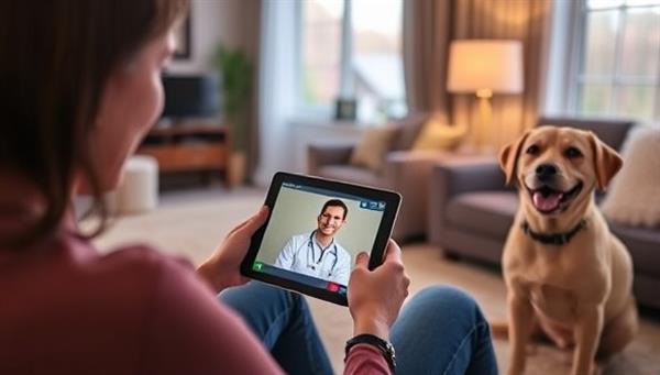 A cozy living room setting with a pet owner holding a tablet, video chatting with a smiling veterinarian on the screen, while a happy dog sits nearby, showcasing the convenience and comfort of virtual pet consultations at home.