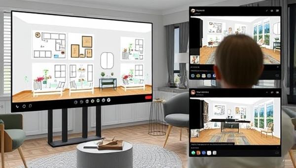 A digital rendering showcasing a virtual interior design consultation session, featuring a designer presenting room layout options and decor suggestions to a homeowner through a virtual platform, with mood boards, color palettes, and furniture recommendations displayed on screens, illustrating the creative and personalized design services offered by DesignVision Virtual.