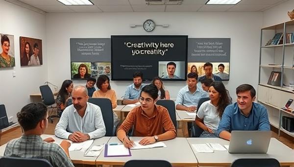 A virtual classroom setting with diverse participants engaged in a lively discussion, surrounded by digital writing tools and inspirational quotes on creativity, fostering a collaborative and dynamic learning environment.
