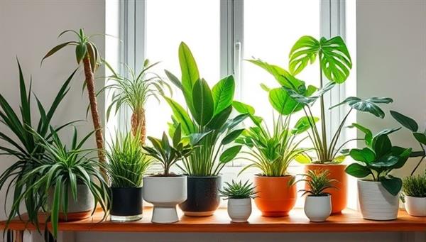 An urban jungle setup showcasing a variety of lush and vibrant houseplants in stylish pots and planters, arranged on a wooden shelf against a backdrop of a sunlit window, creating a harmonious and botanical home oasis vibe.