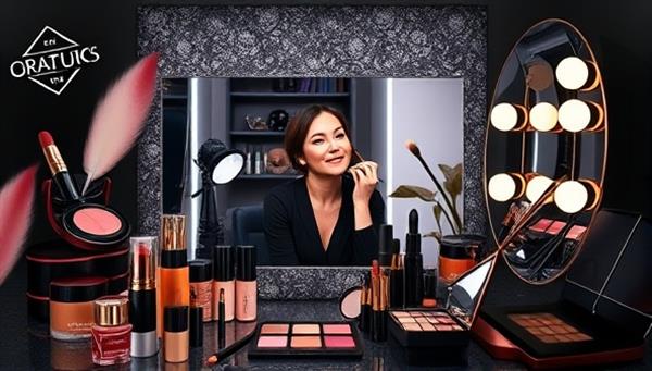 A digital makeup studio setup with a professional makeup artist demonstrating techniques on a virtual platform, surrounded by a variety of makeup products, brushes, and mirrors, creating a glamorous and interactive beauty experience for clients.