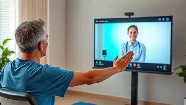 A dynamic image of a person engaging in virtual physical therapy exercises with a professional therapist via a video call, showcasing a range of motion exercises, stretching routines, and real-time feedback on a digital screen, symbolizing remote rehabilitation and progress monitoring.