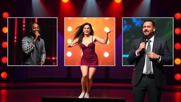 An engaging and diverse virtual talent show lineup featuring colorful thumbnails of performances such as a singer with a microphone, a dancer mid-routine, and a comedian delivering a punchline, capturing the essence of talent and creativity.