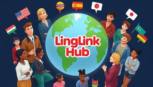 An animated digital globe surrounded by diverse characters speaking different languages, connecting virtually through LingoLink Hub for language learning and cultural exchange, symbolizing the global reach and community-building aspect of the platform.
