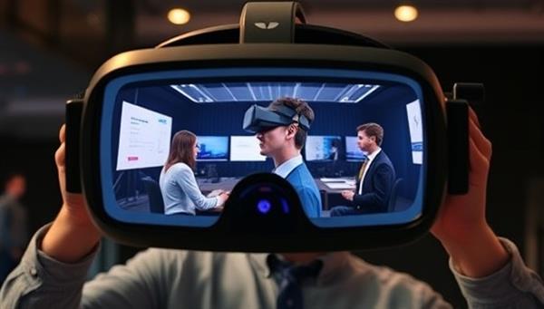 An immersive VR headset displaying a dynamic job simulation scenario where a candidate interacts with virtual colleagues, solves complex tasks, and showcases their teamwork and problem-solving skills, illustrating the future of recruitment technology.