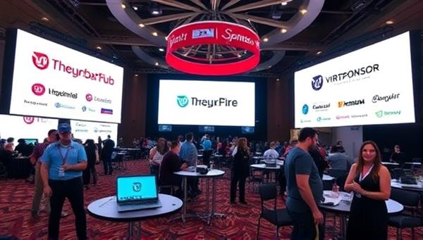 A virtual event setting with digital banners and logos of various sponsors seamlessly integrated into the online environment, demonstrating the innovative branding opportunities available through the VirtuSponsor Hub platform.