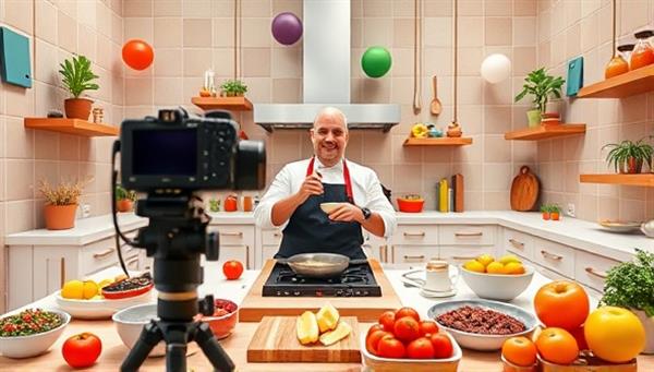 A vibrant and dynamic virtual kitchen setting with a chef demonstrating a cooking technique on camera, surrounded by colorful ingredients and cooking utensils, creating an immersive and educational cooking experience.