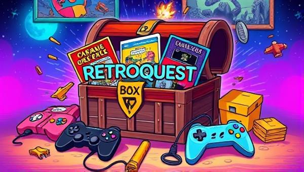 A vibrant and colorful illustration of a treasure chest overflowing with retro gaming memorabilia, including game cartridges, controllers, and nostalgic posters, evoking feelings of excitement and nostalgia for the RetroQuest Box subscription experience.
