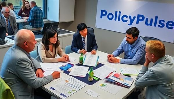 A group of professionals engaged in a lively discussion around a table covered with papers and policy documents, portraying an atmosphere of collaboration and strategic planning at PolicyPulse.