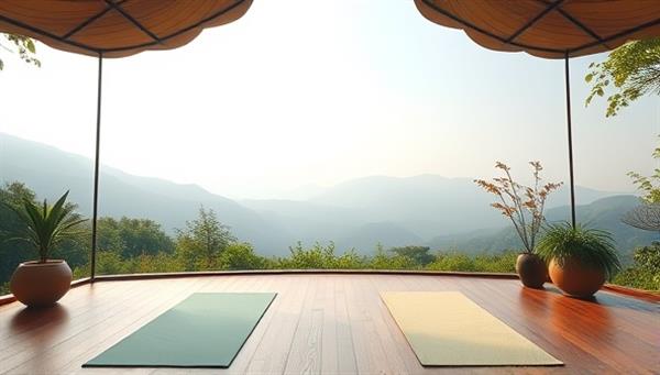 An immersive virtual retreat setting with serene nature scenes, calming music, and yoga mats laid out for a tranquil wellness experience, conveying a sense of relaxation and mindfulness.