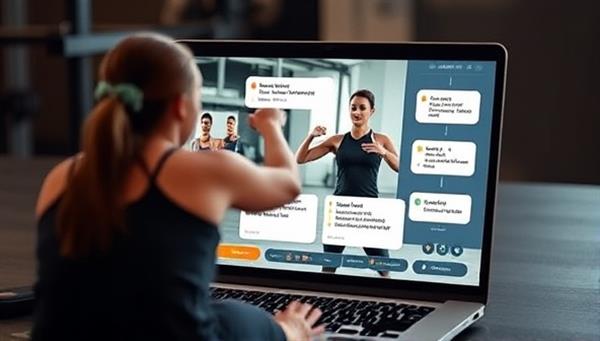 An energetic virtual fitness coaching session displayed on a laptop screen, showing a coach guiding a client through a workout routine with motivational cues and real-time feedback, capturing the essence of virtual fitness engagement.