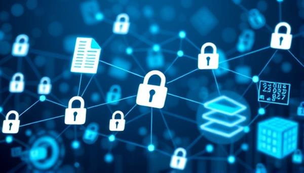 An abstract representation of a digital blockchain network with interconnected tax documents, padlocks, and financial data blocks, symbolizing transparency, security, and efficiency in tax compliance processes.