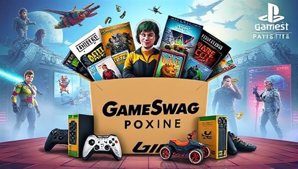 An artistic rendering of a GameSwag Box bursting with gaming merchandise, including action figures, posters, wearables, and interactive collectibles, set against a backdrop of iconic in-game scenes and characters, evoking a sense of nostalgia and excitement for gaming enthusiasts.