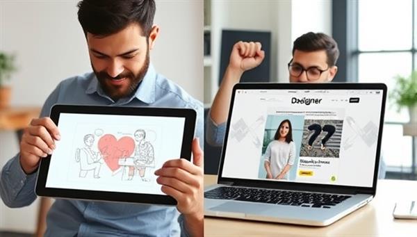 A split-screen image of a designer sketching a digital ad concept on a tablet, juxtaposed with a business owner excitedly reviewing the finished ad design on a laptop screen, symbolizing creativity and collaboration.