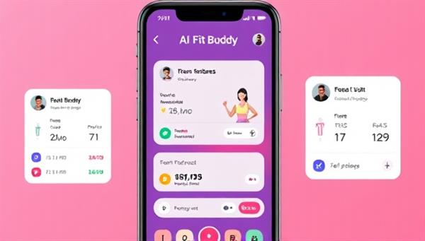 An AI fitness coach avatar interacting with a user on the app interface, displaying workout recommendations, progress tracking metrics, and motivational messages, illustrating the personalized and interactive nature of the AI Fit Buddy fitness coaching experience.