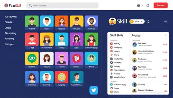 An interactive online platform interface displaying a variety of skill categories with vibrant icons, user profiles with skill badges, and a chat feature for connecting with other members, illustrating the diverse and engaging skill-sharing opportunities on the platform.