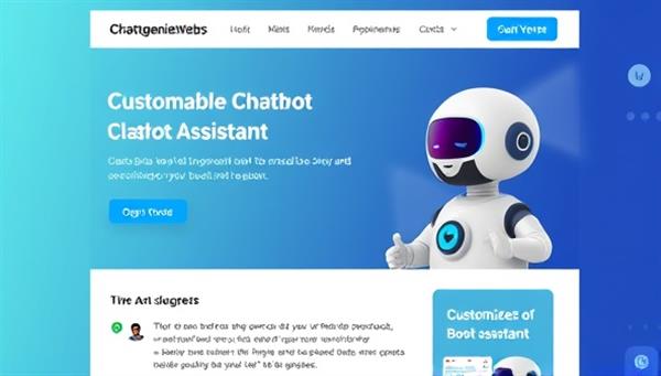 An engaging visual representation of a website with a customizable chatbot assistant interacting with users, providing helpful tips and product suggestions, showcasing the personalized and interactive nature of ChatGenieWeb