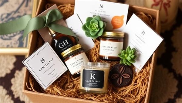 An elegant gift box overflowing with curated items such as artisanal chocolates, scented candles, personalized stationery, and a small succulent plant, exuding luxury and thoughtfulness.