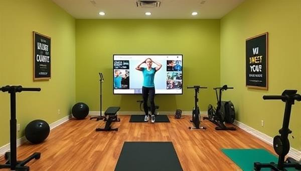A virtual fitness studio setup with a fitness coach conducting an interactive workout session on a screen, fitness equipment around the room, and motivational posters on the walls, conveying the energetic and supportive environment of FitVirtuo Coach
