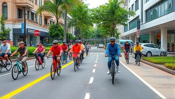 An urban landscape with vibrant bike lanes and a diverse group of people riding colorful bicycles, illustrating a community-driven and sustainable transportation concept.