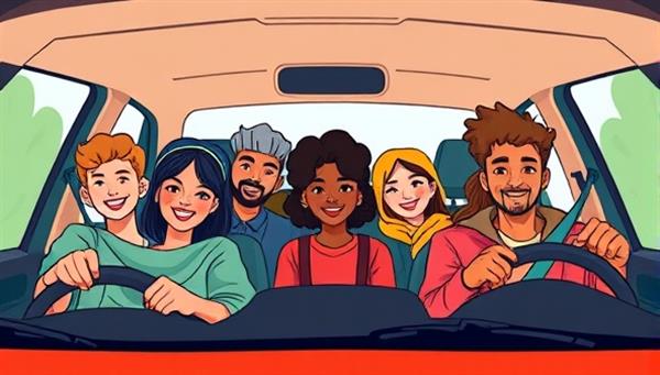 A vibrant digital illustration of diverse people carpooling happily together in a car, showcasing the community aspect and eco-friendly nature of the service.