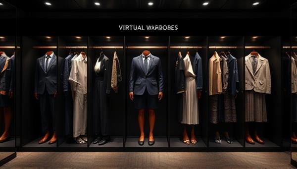 An elegant virtual wardrobe interface displaying personalized outfit suggestions generated by AI algorithms, with clothing items categorized by style and occasion, showcasing sophistication and customization.