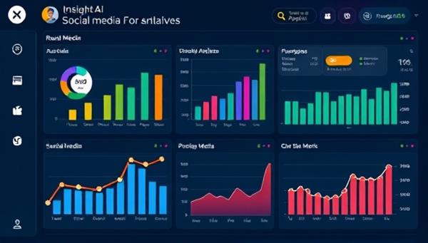 An AI-powered social media dashboard displaying real-time analytics and performance metrics for different social media platforms, with interactive data visualizations and actionable insights, showcasing the data-driven approach of InsightAI