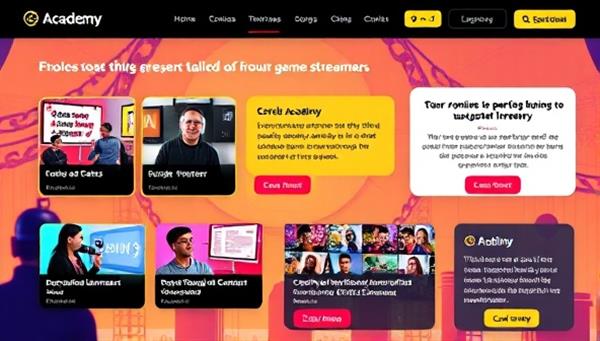 A vibrant online academy interface featuring courses, tutorials, and coaching sessions tailored for game streamers, with engaging visuals, interactive elements, and testimonials from successful streamers, highlighting the academy