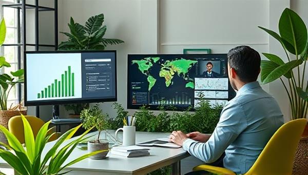 An eco-friendly virtual sustainability consulting setting with consultants conducting a sustainability audit remotely, analyzing eco-friendly business practices on screens, and discussing green initiatives with clients through virtual meetings, reflecting a commitment to environmental stewardship and sustainability innovation.