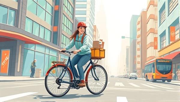 An artistic illustration of a courier on a bicycle navigating through a bustling city street, carrying a package with a smile, highlighting the speed and convenience of the bicycle delivery service.