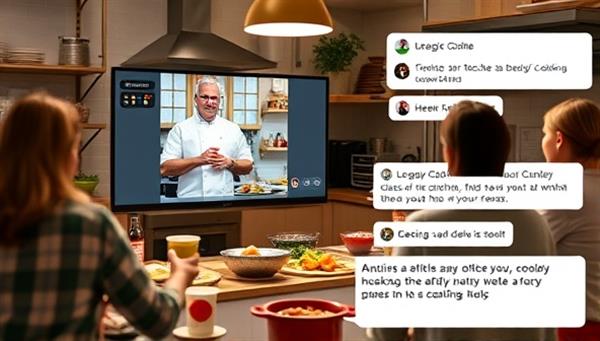 An engaging visual representation of a virtual cooking class in session, with a chef demonstrating cooking techniques on screen, participants following along in their kitchens, and a lively chat box for interaction and sharing culinary tips, capturing the interactive and communal aspect of the virtual cooking classes offered on the platform.