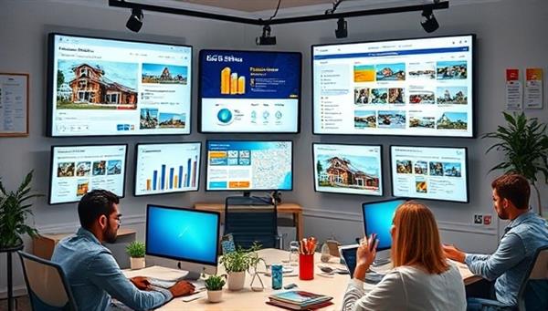 A digital marketing agency workspace with screens displaying real estate social media campaigns, data analytics, and property listings, surrounded by creative marketing materials and a team brainstorming ideas, symbolizing the innovative approach of online real estate marketing.