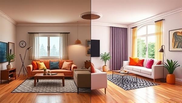 A digital illustration showing a split-screen image: on one side, a dull and outdated living room, and on the other side, a vibrant and stylish room transformation, highlighting the potential of virtual interior design subscriptions.