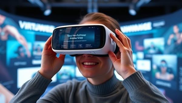 An engaging VR headset display with a user exploring a visually stunning website design in a virtual environment, showcasing the immersive and interactive possibilities of VirtuWeb Showcase for web design presentations.